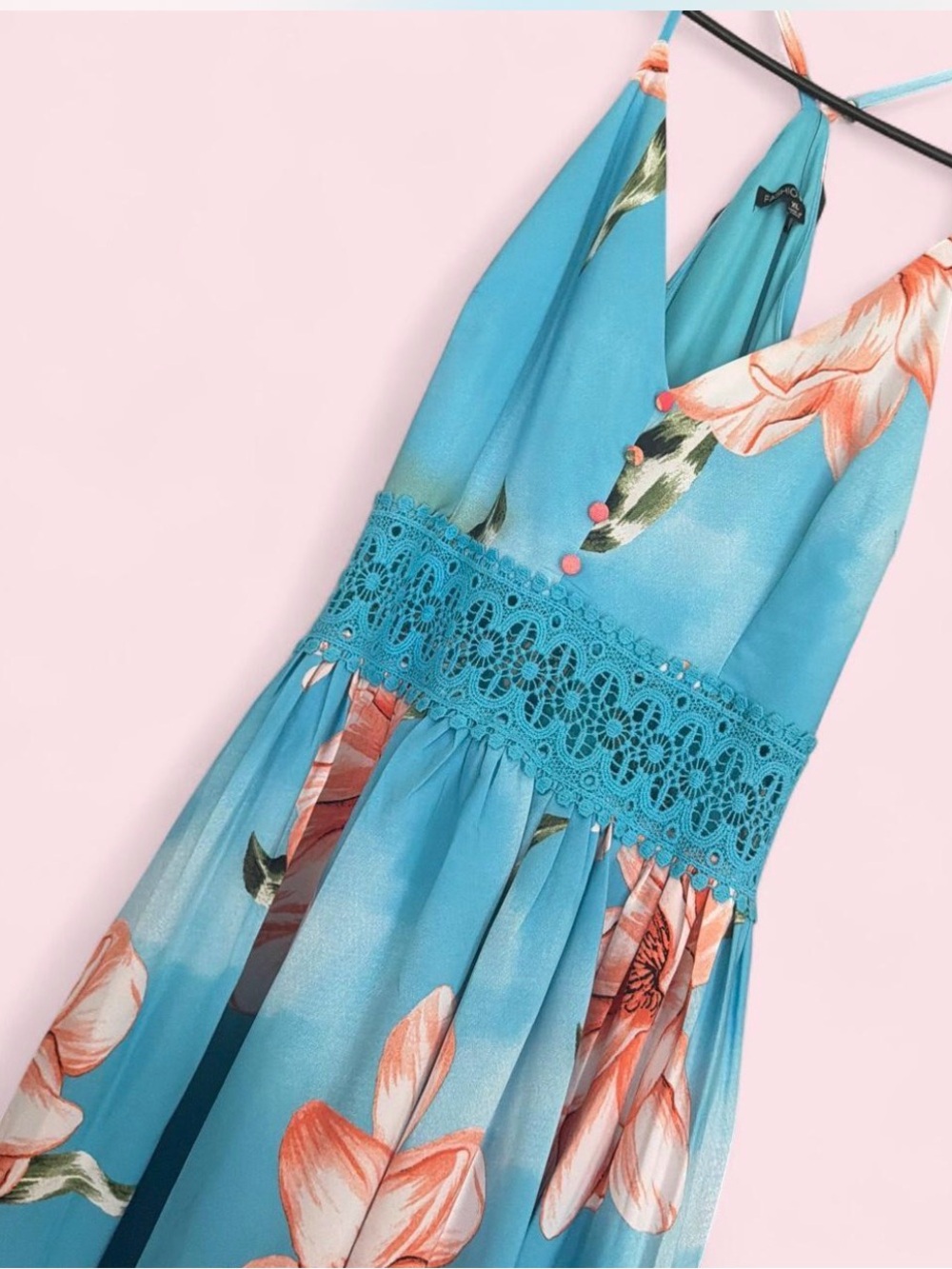 Fashion Nova Blue Floral Maxi Dress with Coral Accents